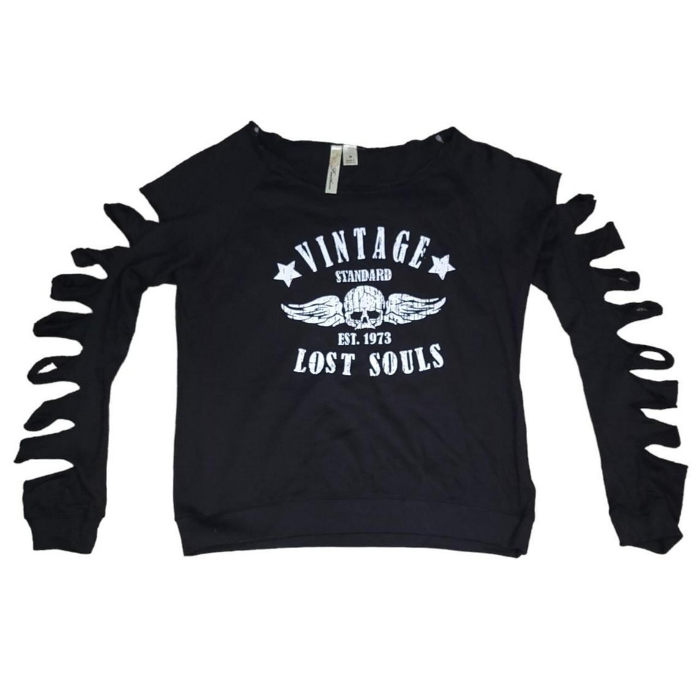 Feathers distressed slashed long sleeve skull shirt size medium alt emo goth